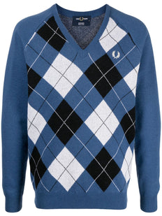 sweter w kratkę z haftowanym logo