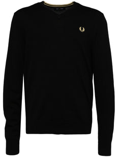 sweter z dekoltem w serek i haftowanym logo