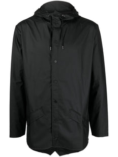 drawstring-hooded buttoned rain jacket