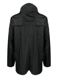 drawstring-hooded buttoned rain jacket