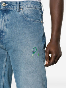 embroidered-design cotton straight-leg jeans